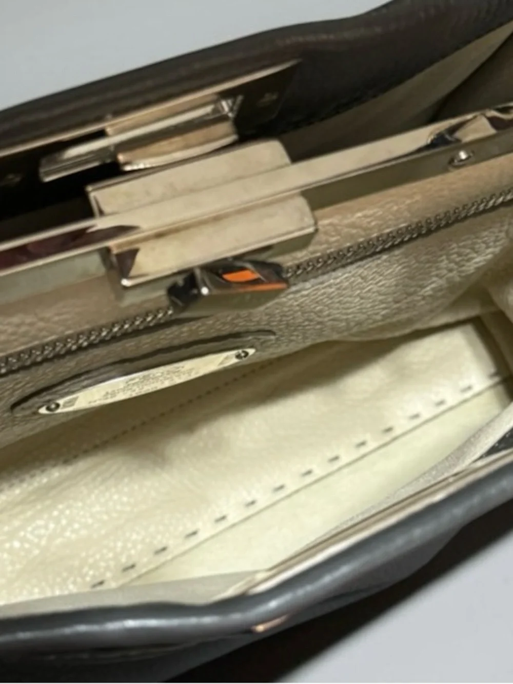 Fendi Peekaboo Medium Metallic Gray Leather Top Handdle Bag Silver Hardware